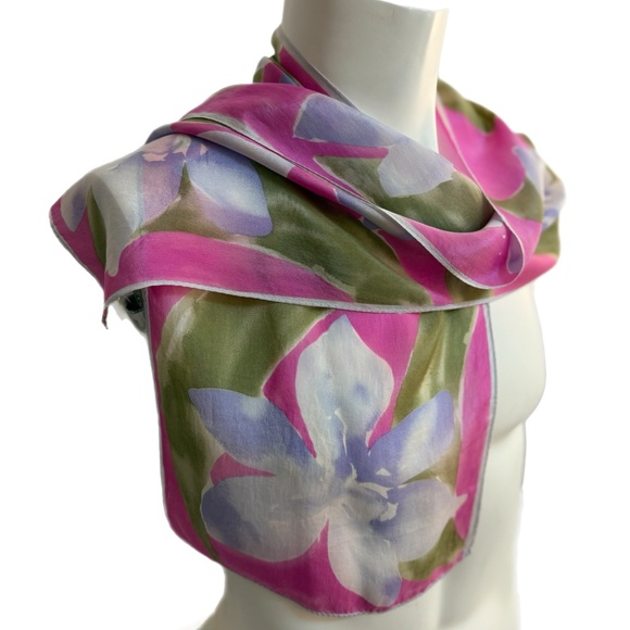 Vintage Vera Neumann Silk Scarf – Pink Floral Watercolour – 10" x 50" - Picture 7 of 8